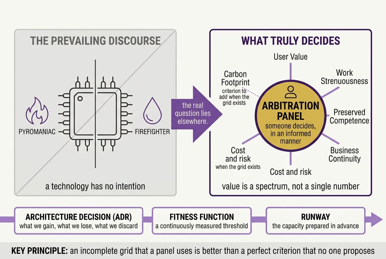 Diagram contrasting the ambient narrative of AI as firefighter and arsonist, set aside, with a decision arbitration body surrounded by several axes of value including a dotted carbon axis, above a band showing architecture decision records, fitness functions and runways