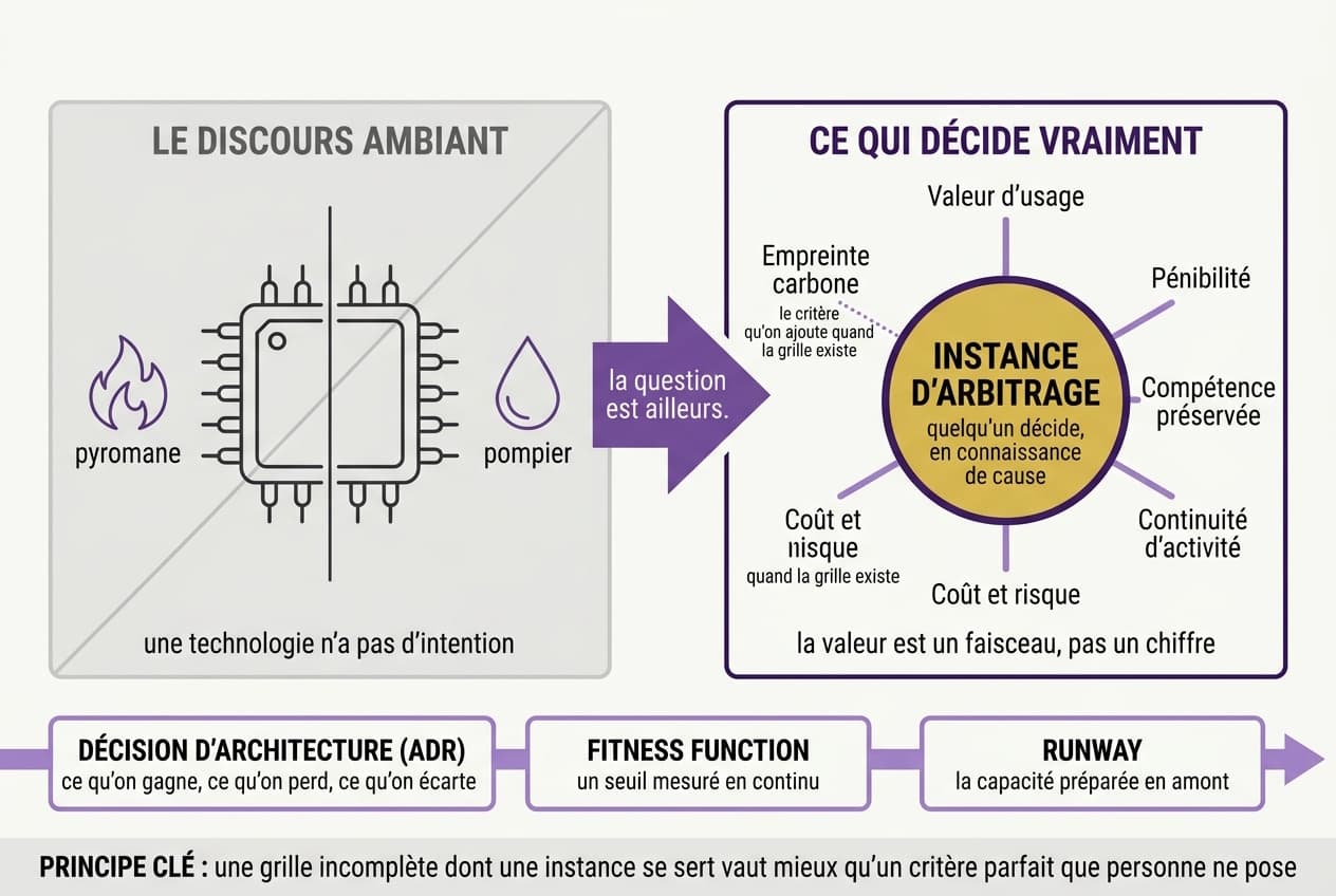 Schéma opposant le discours ambiant de l'IA pompier et pyromane, mis de côté, à une instance d'arbitrage entourée de plusieurs axes de valeur dont un axe carbone en pointillés, au-dessus d'une frise présentant la décision d'architecture, la fitness function et le runway