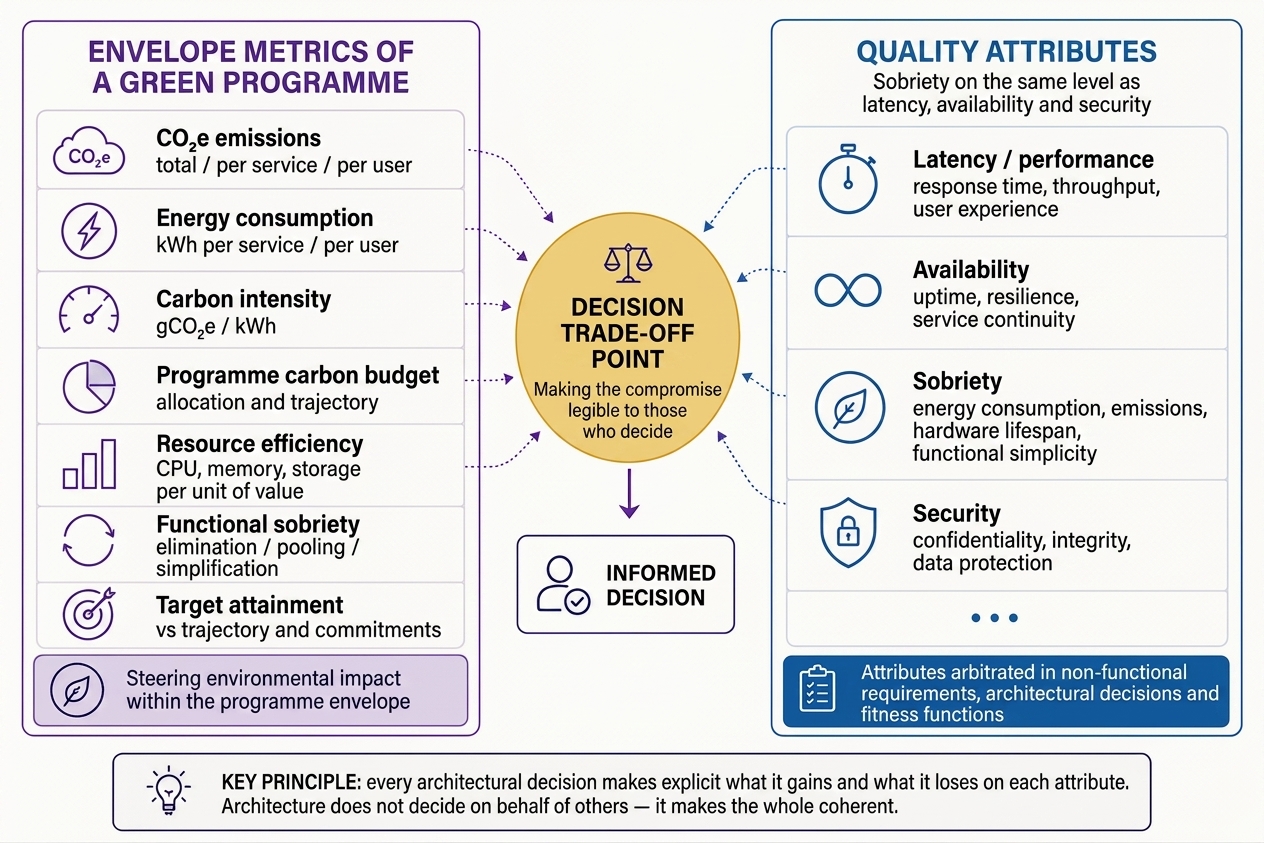 Two-column diagram: on the left the envelope metrics of a green programme, on the right quality attributes including sobriety alongside latency, availability and security; at the centre a decision trade-off point connecting both and leading to an informed decision
