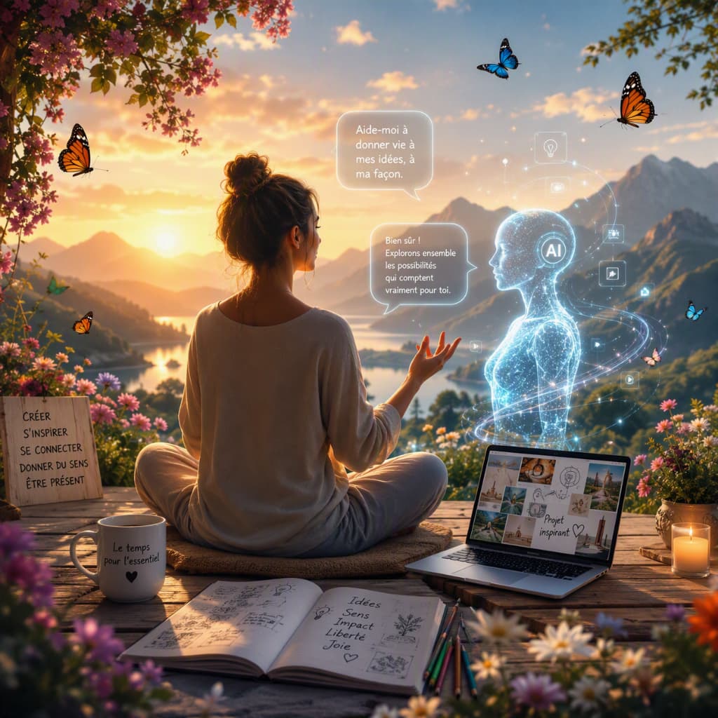Une femme assise en tailleur sur une terrasse face à des montagnes au coucher du soleil, un carnet et une tasse près d'elle, dialoguant avec une silhouette lumineuse représentant l'IA
